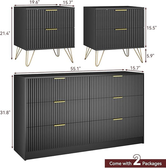 6 Drawer Dresser and Nightstand Sets for Bedroom, 3 Pcs Bedroom Set, Night Stand Set of 2 & 6 Drawer Dresser with Gold Handles, Modern Wood Chest of Drawers Storage Cabinet Set, Black