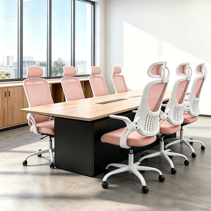 Ergonomic Office Chair, Comfy Desk Chair with Wheels, Adjustable Headrests, Flip-Up Armrests, Breathable Mesh High-Back, Comfortable Swivel Seating for Home Computer, Pink