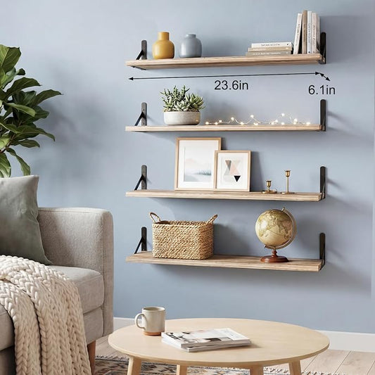 YGEOMER Floating Shelves for Wall, 23in Light Carbonized Brown Wall Shelves for Living Room, Bathroom, Bedroom, Kitchen, Home Decor (Set of 4)