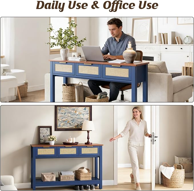Luoxiao 47" Blue Entryway Table with 3 Rattan Drawers & Open Shelf Storage | Narrow Console Sofa Tables for Living Room, Entry Table for Hallway, Foyer, Couch, Easy Assembly, Anti-tip Kit, Space Saving