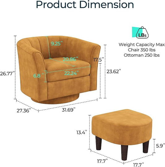 LINSY Swivel Accent Chair Ottoman Set: Velvet Larege Barrel Chair with Foot Rest, Modern Reading Chair Upholstered Armchair with Footrest for Living Room Bedroom Study Room Office (Yellow)