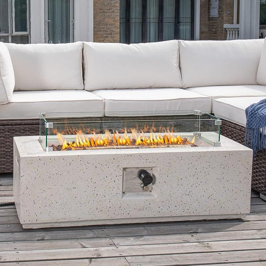 COSIEST Outdoor Propane Fire Pit Coffee Table, 42-inch x 13-inch Terrazzo Rectangle Base Patio Heater w Certified, 50,000 BTU Stainless Steel Burner, Wind Guard, Free Lava Rocks and Rain Cover