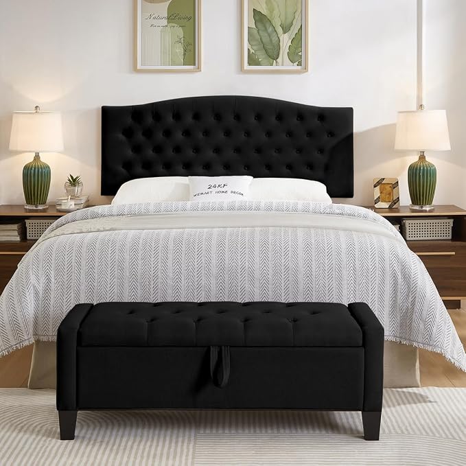 24KF Upholstered Tufted Button Wall Mounted Velvet Headboard,Comfortable Fashional Headboard Queen/Full Size,6058-Q-Black