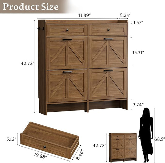 BORNOON Shoe Storage Cabinet for Entryway, Farmhouse Wide Shoe Cabinet with 4 Flip Drawers and 2 Top Drawers, Freestanding Organizer with Adjustable Shelves, Hooks, and Anti-Tip Kit for Hallway