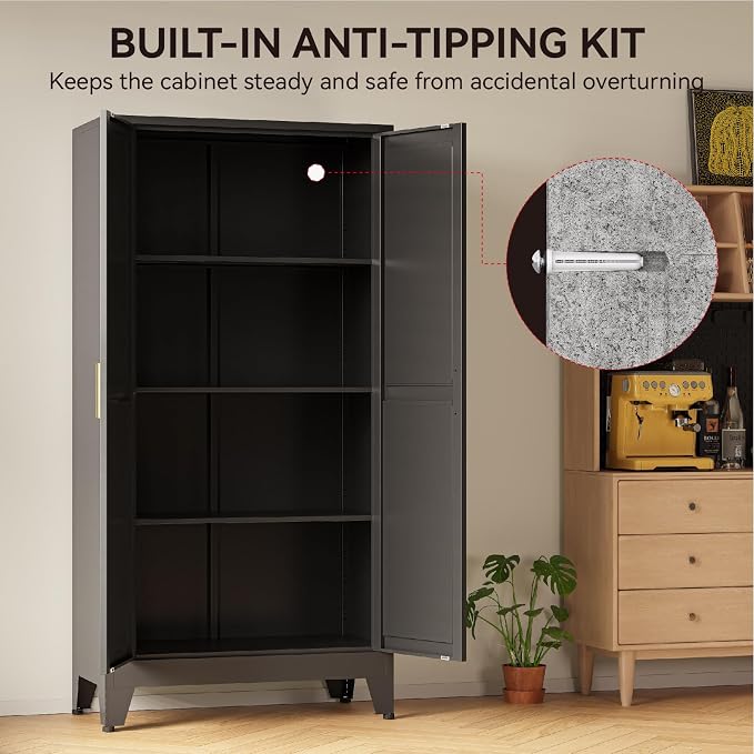 COFaR 61" Metal Pantry Cabinet in Black, Modern Storage Cabinet with Adjustable Shelves, Sturdy Metal Cupboard for Kitchen, Office, Living Room & Bathroom Organization