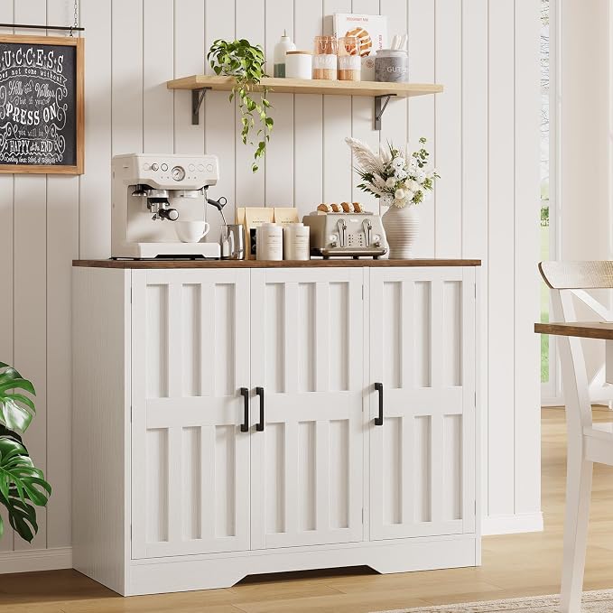 Modern Farmhouse Buffet Cabinet with Storage, 42" Large Sideboard Storage Cabinet with 3 Barn Doors, Coffee Liquor Bar Cabinet Wood Table Credenza with Adjustable Shelf for Kitchen Dining Living Room