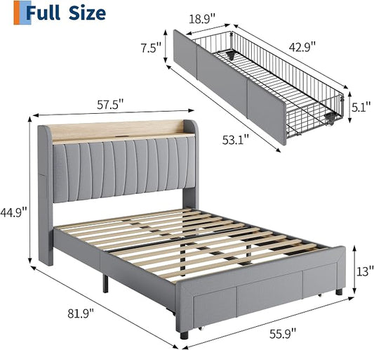 Garvee Upholstered Bed Frame Full Size with Storage Headboard and Charging Station, Platform Bed Frame with Drawers, Heavy Duty, No Box Spring Needed, Easy Assembly, Light Grey