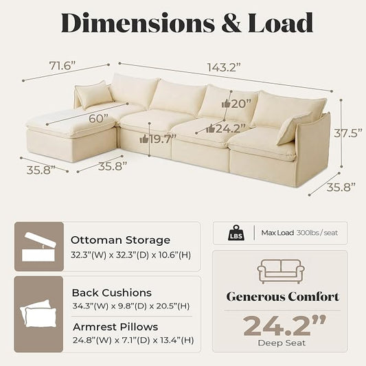 Cloud Modular Sectional Sofa, Oversized Deep Seat Comfort, Luxe Chenille | Fully Removable Washable Covers, Memory Foam Seat Cushions, Storage Ottoman, Premium Fabric