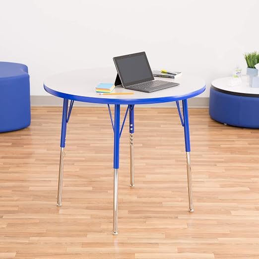 Norwood Commercial Furniture Adjustable Height Classroom Activity Table for Kids & Adults, Round Activity Table for School and Home, 36" D x 36" W x 30" H, Gray/Blue
