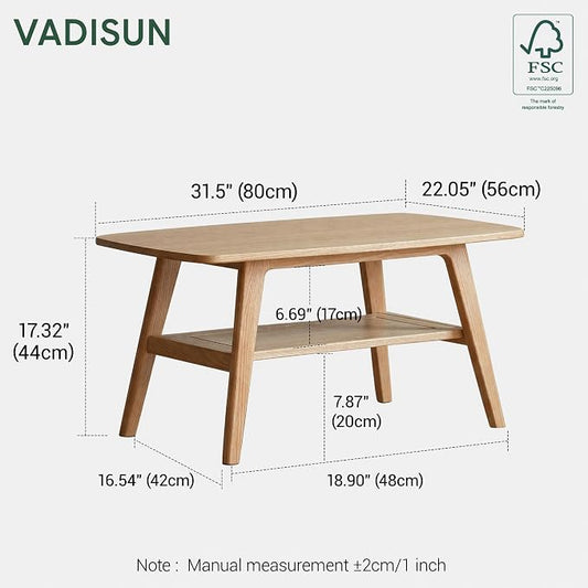 Small Coffee Table for Living Room, 2-Tier Mid Century Modern Small Tables with Shelf Storage, Storage Coffee Table with Rounded Corners (Solid Oak Wood Log Color, 31.5'' L)