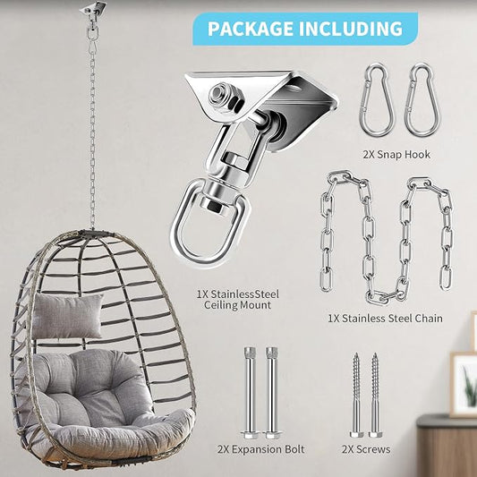 Hammock Hanging Kit with Swing Chain, Morzejar Stainless Steel 1000lb Heavy Duty Capacity Hammock Hooks, Morzejar 360° Swivel Hanging Kit for Trapeze, Yoga, Boxing Bag, Hammock Chair, Porch, Gym