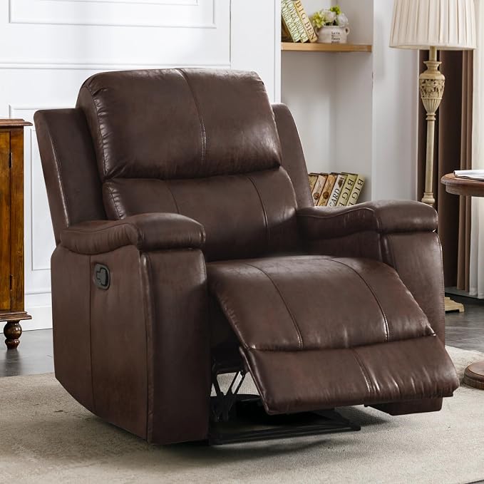 CANMOV Leather Recliner Chair Set of 2, Classic and Traditional Manual Recliner Chair with Overstuffed Arms and Back, Manual Single Sofa with Concealed Cup Holders,Red Brown