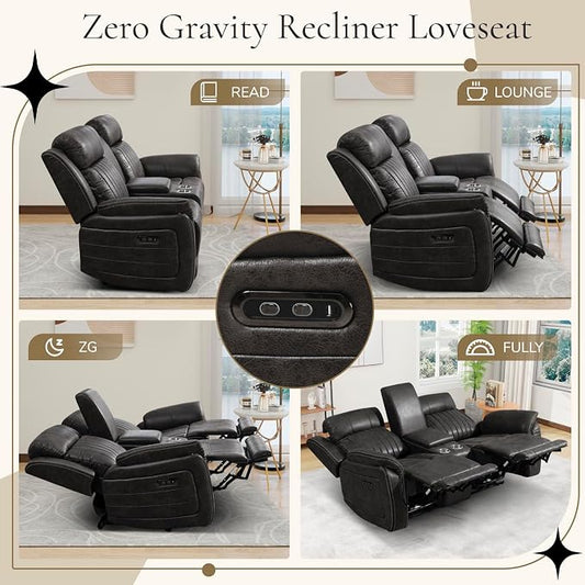 Power Reclining Sofa Set with Adjustable Headrest, Zero Gravity Electric Reclining Couch with USB/Type-C Ports, Power Loveseat Sofa Set for Living Room, Home Theater (Charcoal, Loveseat+Sofa)