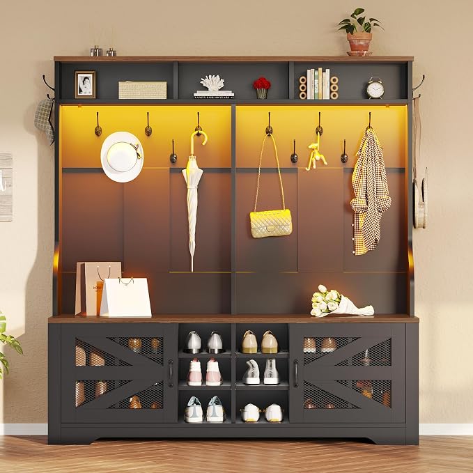 Itaar Hall Tree with Bench and Shoe Storage, 5-in-1 Entryway Bench with Coat Rack, 16 Shoe Cubbies & 12 Coat Hooks, Barn Door & Adjustable Shelf (Black)