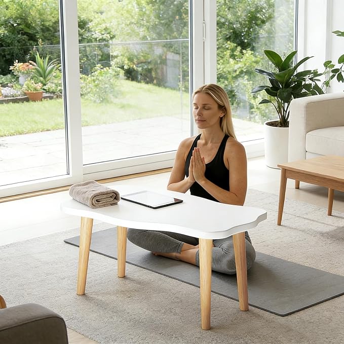Cookie Coffee Table Low Table with 4 Solid Wood Sturdy Legs,Floor Table Desk for Sitting on The Floor,19.7"D x 31.5"W x 16"H Inches,Living Room/Toy room Furniture,Rental house Furniture(White)