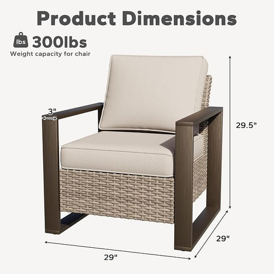 Joyside Outdoor Patio Chairs Set, 2 Pieces Wicker Rattan Chairs with Metal Wide Armrest, Thick Cushions and Deep Seating for Garden, Backyard, Porch, Deck