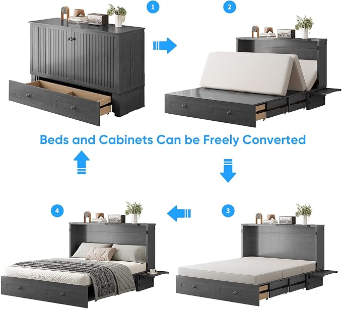 PUREMIND Murphy Bed Queen - Solid Wood - Hideaway Cabinet Bed with Storage Drawers, USB Charging Ports - Space Saving Wallbed for Home, Guest Room, No Mattress Included, Gray