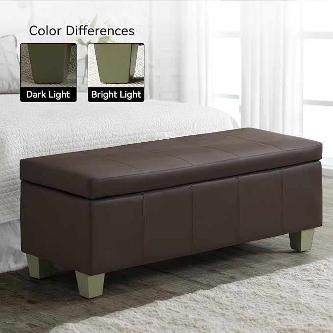 WUTUTUEE 41" Faux Leather Storage Ottoman, Stitch Tufted Rectangle Upholstered End of Bed Storage Bench, Entryway Large Couch Ottoman with Wooden Legs,Brown