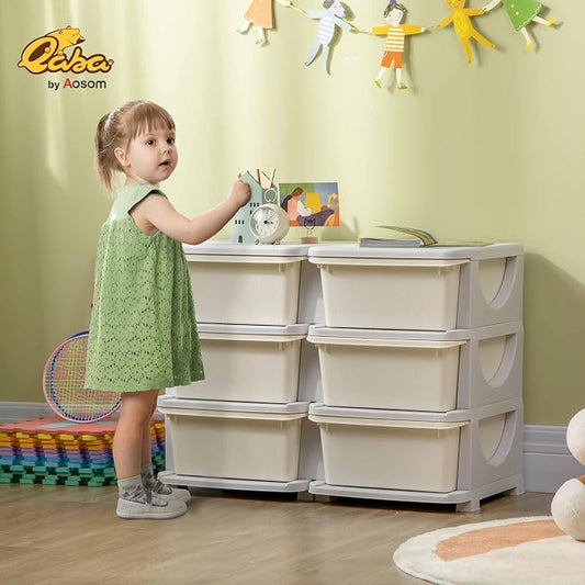 Qaba 3 Tier Kids Storage Unit, Toy Organizers and Storage with 6 Drawer Chest for Kids Bedroom Nursery Kindergarten Living Room for Boys Girls Toddlers, Cream White
