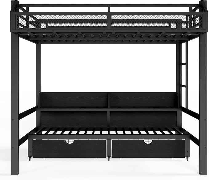 Bellemave Bunk Bed Twin Over Twin, Metal Bunk beds with Storage Shelves and Drawers USB Ports and LED Lights, Lower Bed that can be Converted into a Sofa, Black