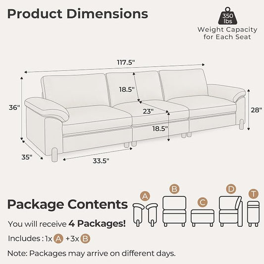 SITJOY Large Cloud Couch, 118" Wide 3 Seater Sofa, Faux Leather in White | Pet-Friendly Scratch-Resistant Leather Sectional Sofas for Living Room, Deep Seat Wide Couch
