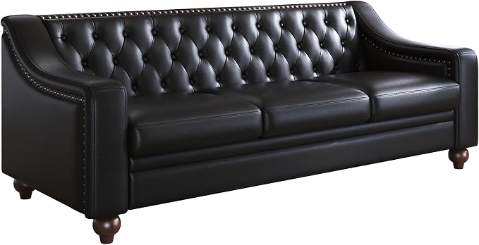 AMERLIFE 80" Leather Sofa, Modern Chesterfield Genuine Leather Sofa, Tufted 3 Seater Black Leather Couch with Curved Arms, Leather Couches for Living Room