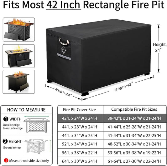 QH.HOME Fire Pit Cover Rectangular Super Waterproof 42" L x 24" W x 24" H, UPF 50+ Outdoor Fire Pit Table Cover 600D Strong Tear Resistant and Fading Resistant for Rectangular Fire Pit - Black