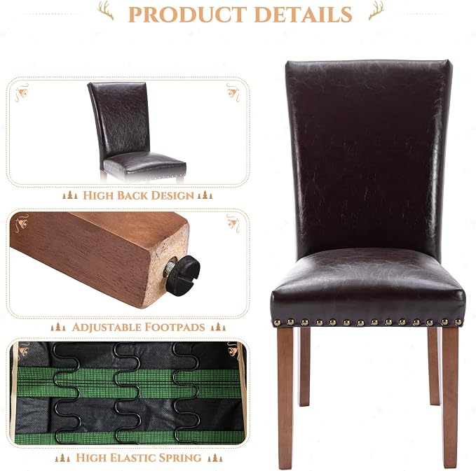Parsons Dining Chairs Set of 6, Upholstered Nailhead PU Leather Dining Room Kitchen Side Chair with Thick Cushions and Wood Legs, Dark Brown