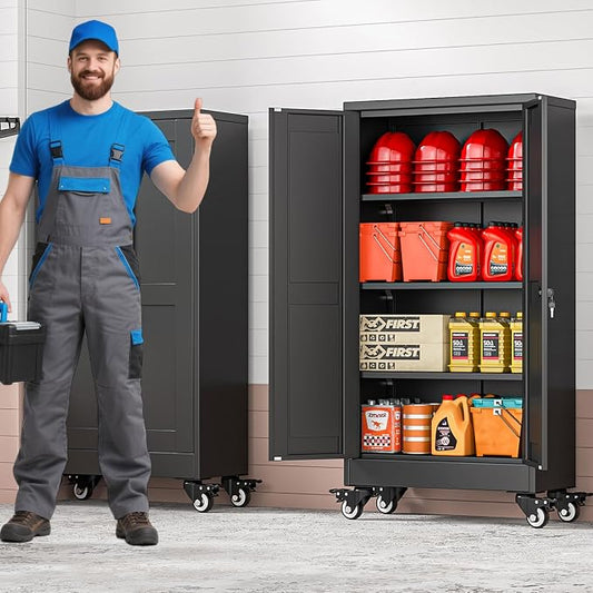 45.6" Metal Garage Storage Cabinet with Wheels and Locking Doors and Tall Rolling Steel Tool Cabinet with 3 Adjustable Shelves for Garage,Home,Office,Shop (Black, 45.6''H x 23.7''W x11.8''D)