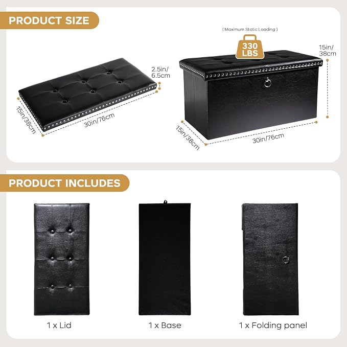 oakvivo Folding Storage Ottoman Bench 30in, Leather Foot Rest Stools Ottoman with Storage, Coffee Table, End of Bed Bench Footstool for Living Room, Bedroom, Load 330 lb, 30x15x15 inches, Black