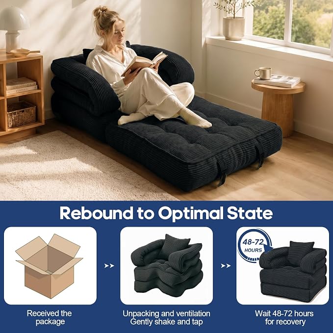Convertible Sleeper Chair, Folding Sofa Bed with Armrests, Foldable Boneless Bed, 3-in-1 Portable Corduroy Futon Couch Floor Sofa with Pillow for Bedroom, Living Room, Black