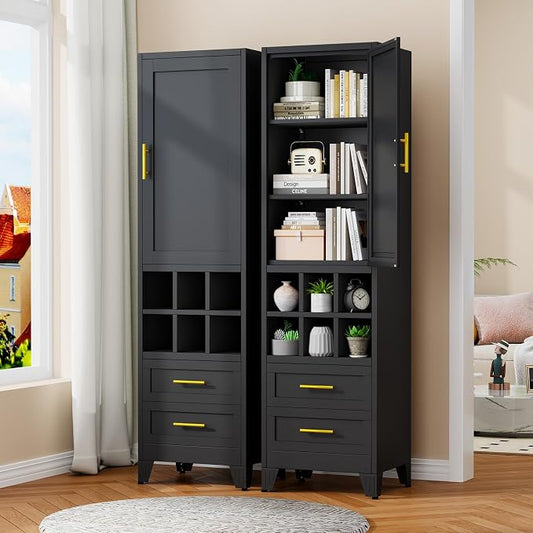 Metal Tall Narrow Storage Cabinet, Freestanding Floor Cabinet with Drawers and Adjustable Shelves, Pantry Storage Cabinet for Bathroom, Living Room, Entryway and Kitchen