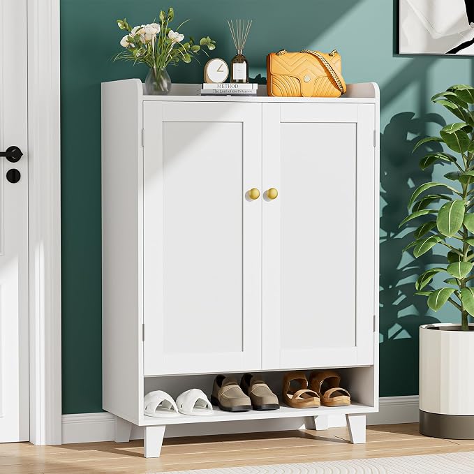 Flat-Shelf Shoe Cabinet with Doors,6-Tier Shoes Storage Cabinet with Adjustable Shelves,Wooden Shoe Rack Shoes Storage Organizer Cabinets for Entryway, Hallway, Living Room