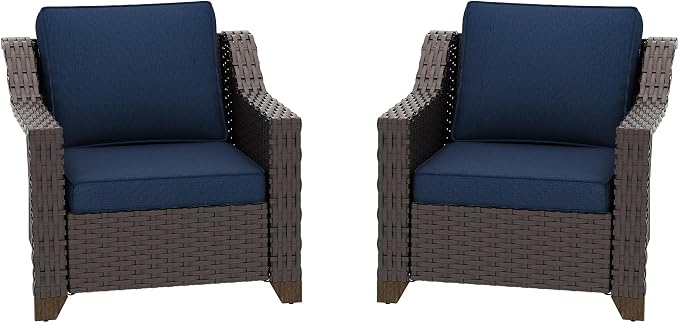 Patio 2 Pieces Wicker Chairs Set of 2,Outdoor PE Rattan Armchairs, Water-Resistant Cushions with Removable and Washable Covers, Porch, Balcony, Sunroom (Navy Blue)