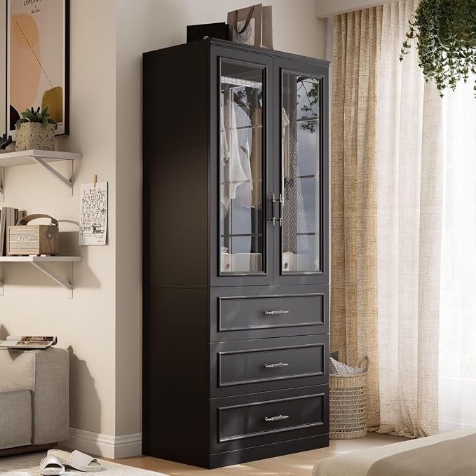 MEISSALIVVE Armoire Wardrobe Closet with 2 Door & 3 Drawers, 74.8" Large Wardrobe Cabinet with Hanging Rod, Freestanding Modern Bedroom Armoire Storage Cabinet, Black