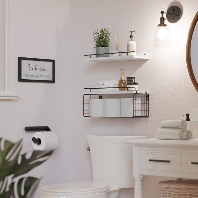 WOPITUES Floating Shelves for Wall Decor Sign, Bathroom Organizer and Storage, Bathroom Shelves Over Toilet with Metal Guardrail-Modern White