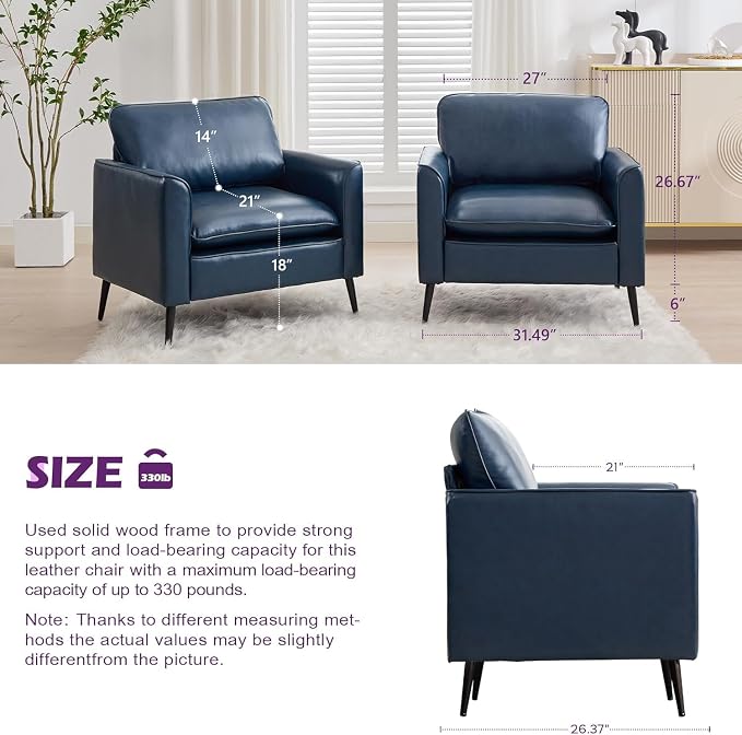 TYBOATLE Accent Chairs Set of 2, Faux Leather Chairs, Mid Century Modern Comfy Living Room Chairs, Cozy Office Reading Chair, Reception Armchairs for Living Room, Waiting Room, Bedroom (Blue)