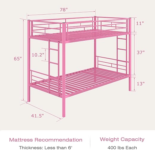 VECELO Metal Bunk Bed Twin Over Twin, Industrial Bunkbeds with Ladder and Full-Length Guardrail, Noise Free, No Boxing Spring Needed, Pink