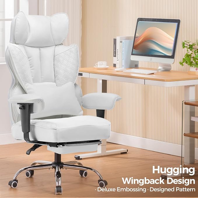 GTPLAYER Big and Tall Gaming Chair 400lbs Heavy Duty Office Chair with Foot Rest & Ergonomic Pocket Spring Lumbar Support, High Back 3D Saddle Shaped Cushion for Back Pain Relief, White