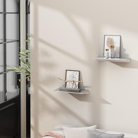 Danpoo 8 inch Small Floating Shelves for Wall Organizer & Storage, Mini Display Shelves, Metal Wall Shelves for Bathroom, Living Room, Kitchen, Bedroom(Silver, 2-Pack)