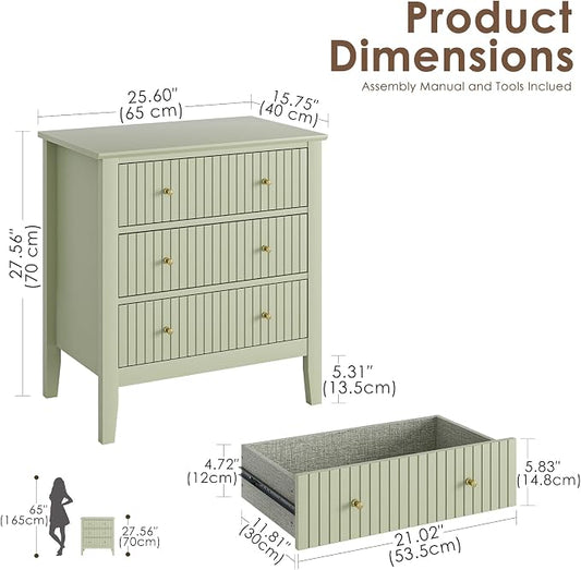 Night Stand, Fluted 3 Drawer Wide Farmhouse Nightstand with Gold Handle, Modern Wooden Bedside End Table for Bedroom, Living Room, Pale Green