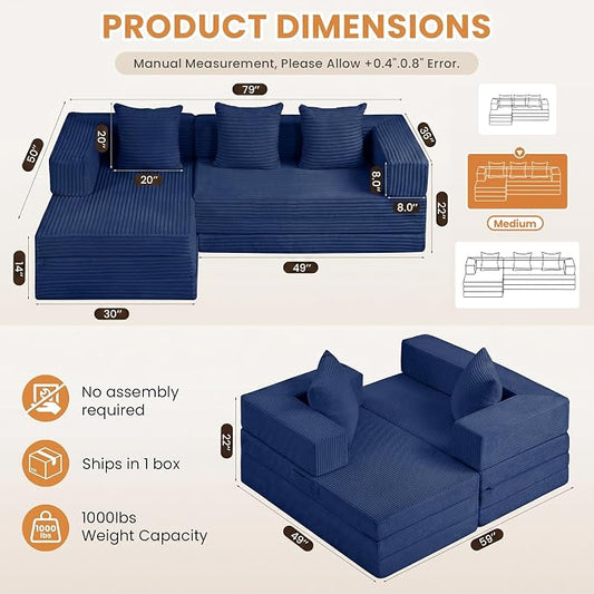 79" Modular Sectional Sofa, Boneless Convertible Sleeper Sofa Bed, Modern Tri-Folding Cloud Couch with L-Shape Chaise, Corduroy Futon for Living Room Small Spaces Apartment, No Assembly,Blue