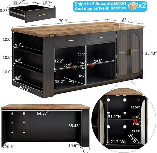 IBF 71" Large Kitchen Island with Storage, Rustic Wood Island Table with Seating for 4-6, Stationary Island Cabinet with Drawers, Fridge Space, Modern Counter Height Island Bar, Rustic Brown and Black