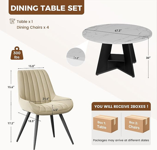 47.3 Inch Round Dining Table Set for 4, Round Kitchen Table with Chairs, Space Saving Dining Room Table set with Storage Shelf for Apartment Kitchen Dining Room, Faux Marble Table+4 Beige Chairs