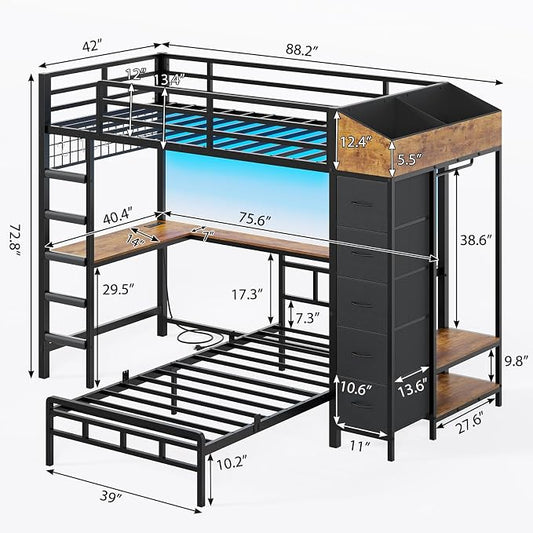 VIAGDO Bunk Bed Twin Over Twin with Hall Tree, Charging Station and LED Lights, L-Shaped Bunk Bed with Desk, 5 Storage Drawers, Twin Bunk Beds with Guardrail & Stairs, No Box Spring Needed, Black
