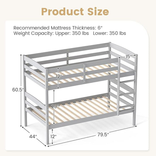 KOMFOTT Bunk Bed Twin Over Twin, Bed Frame w/Full-Length Guardrail & Integrated Ladder, Wood Bunk Bed for Small Space, Converts to 2 Individual Beds for Kids & Adults, No Box Spring Needed