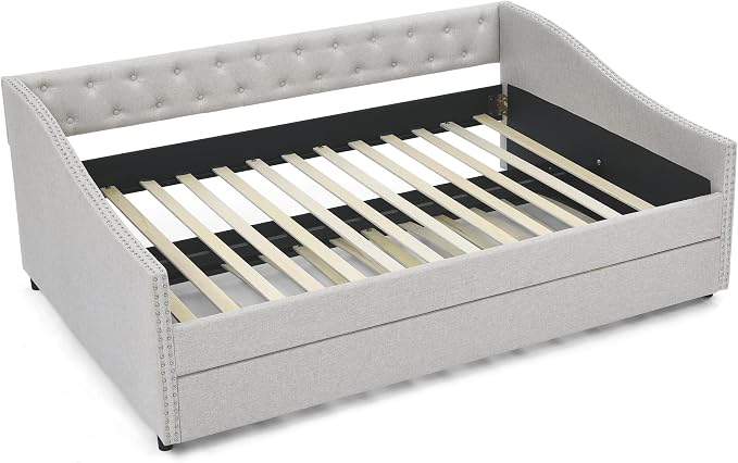 KEIKI Full Size Upholstery Daybed with Trundle and Headboard, Mid-Century Style Tufted Sofa Bed with Button on Back, Easy Assembly, No Box Spring Required, for Living Room and Bedroom, Beige