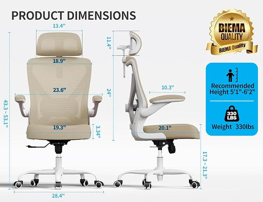 Ergonomic Office Chair - Mesh Desk Chair with Adjustable Lumbar Support High Back Computer Gaming Chairs - Big and Tall Office Chairs Adults, Comfortable for Long Hours, Beige