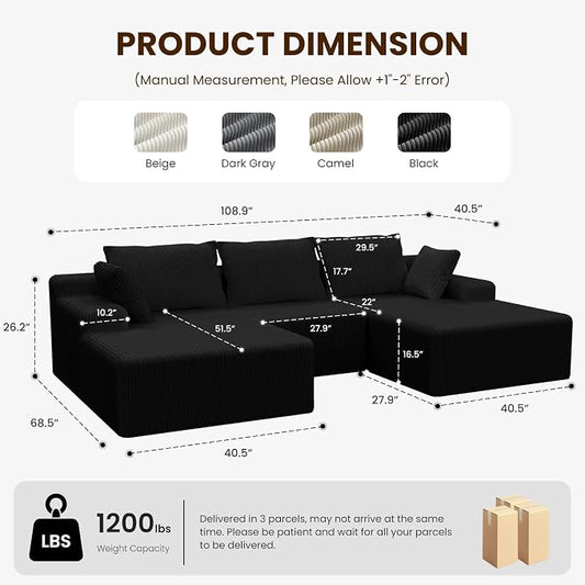 kinmars 108" Boneless Sectional Couch,Corduroy Cloud Couch Sectional for Living Room,Modern U Shaped Modular Sectional Couch,3 Seater Sofa (Black, 108.9" U Shaped with Ottoman)