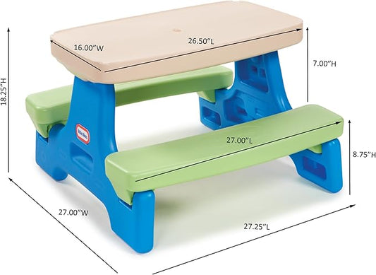 Little Tikes Easy Store Jr. Picnic Table with Umbrella - Blue / Green, 27.25''L x 27.00''W x 18.25''H